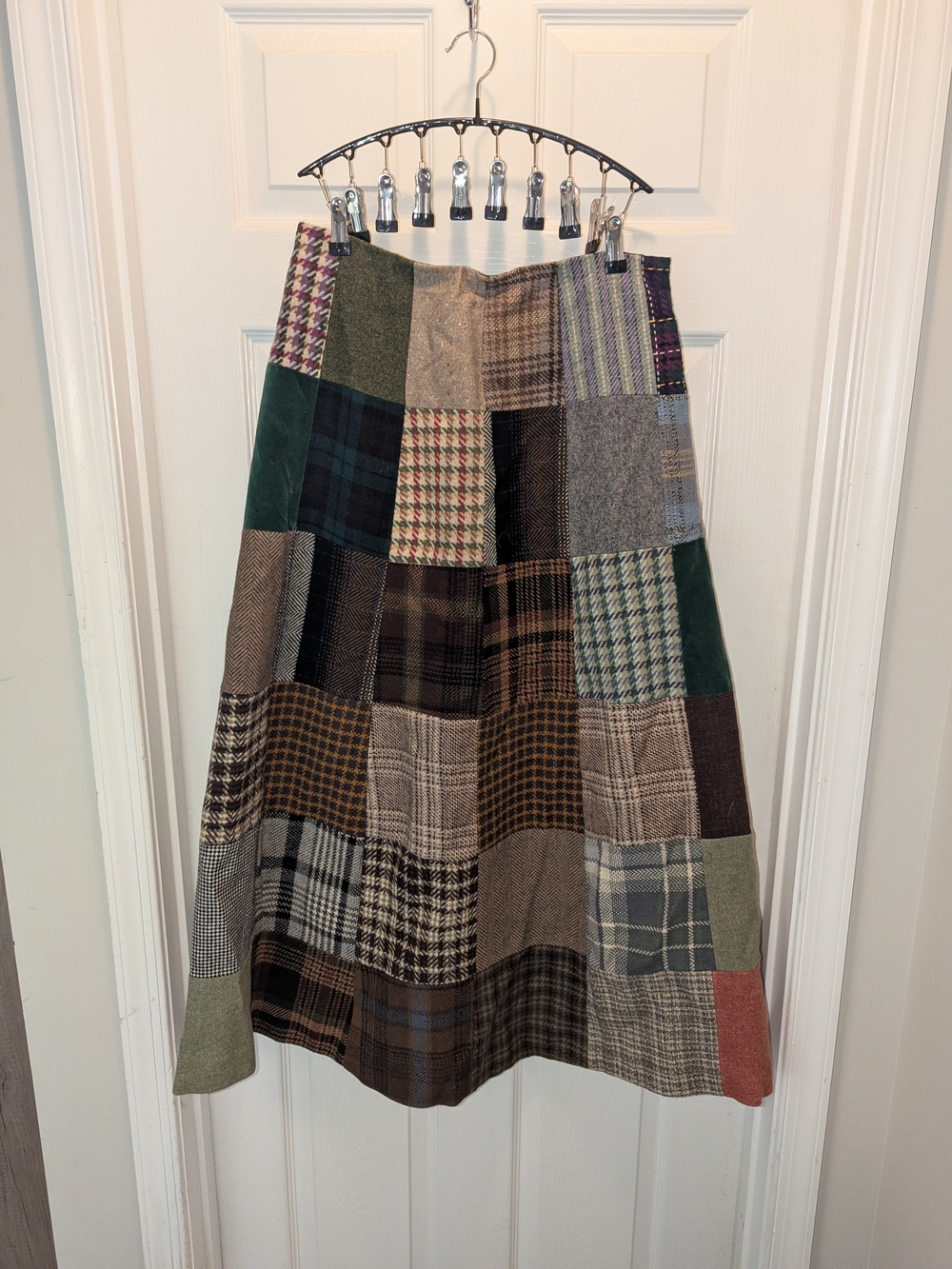Patchwork Wool Blend Midi Skirt - Green Multi